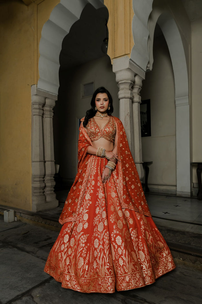 ORANGE BANARASI SILK LEHENGA SET WITH ZARI EMBROIDERY