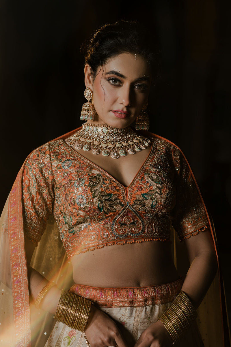 IVORY BANARASI SILK EMBROIDERED LEHENGA SET