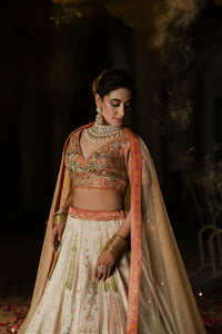 IVORY BANARASI SILK EMBROIDERED LEHENGA SET