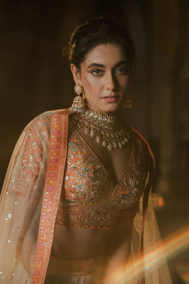 IVORY BANARASI SILK EMBROIDERED LEHENGA SET