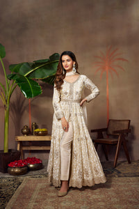 IVORY TISSUE SILK FRONT SLIT CUT EMBROIDERED SUIT
