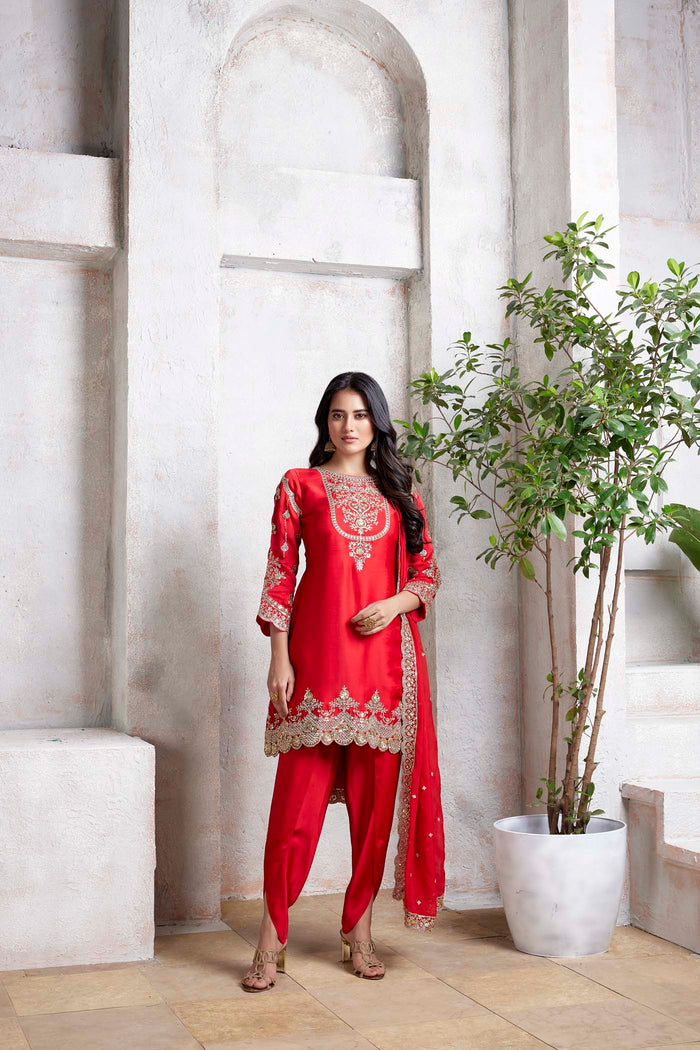 RED SATIN EMBROIDERED DHOTI SET