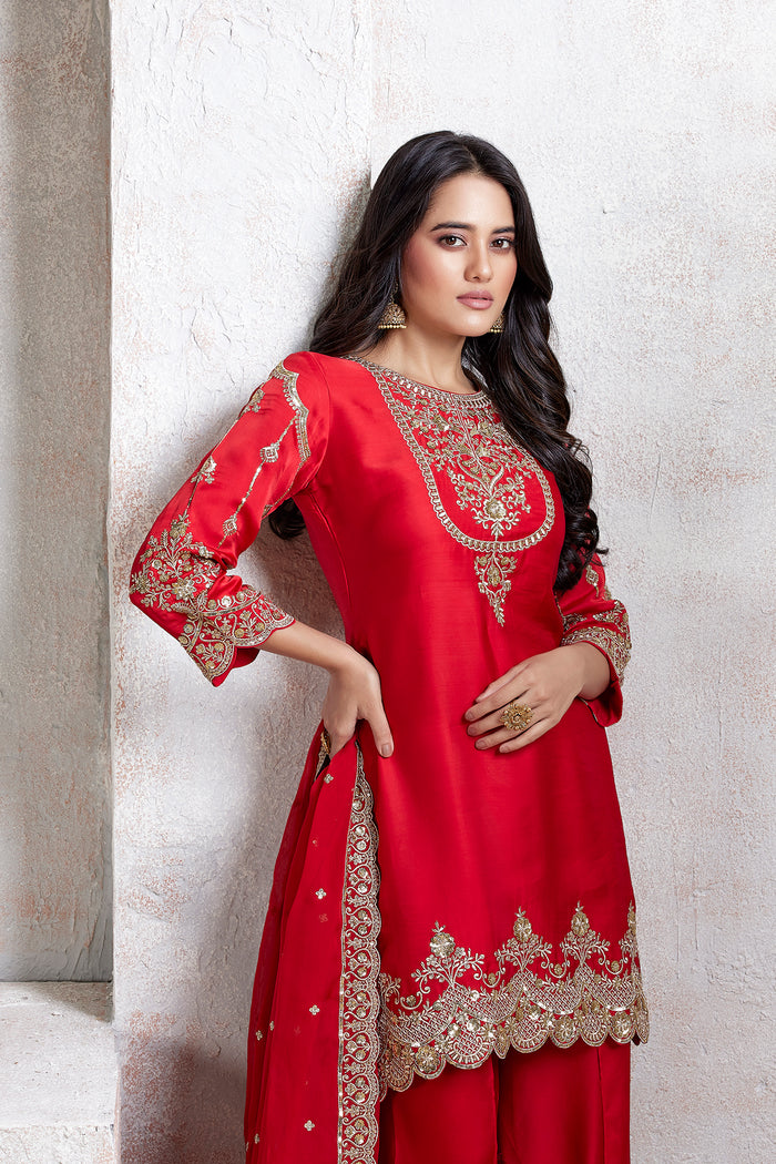 RED SATIN EMBROIDERED DHOTI SET