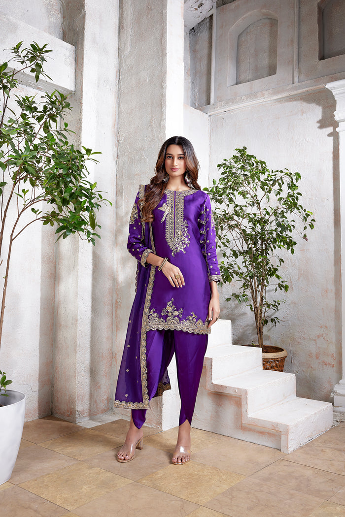 BLUE SATIN EMBROIDERED DHOTI SET | Nishly Fashion House