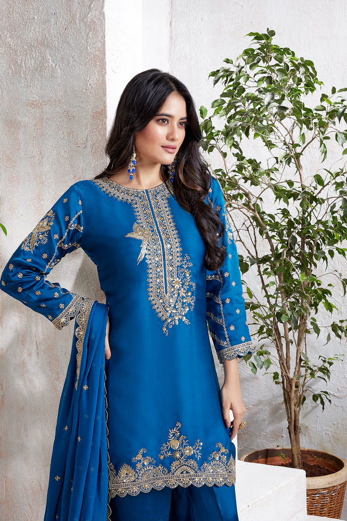 BLUE SATIN EMBROIDERED DHOTI SET
