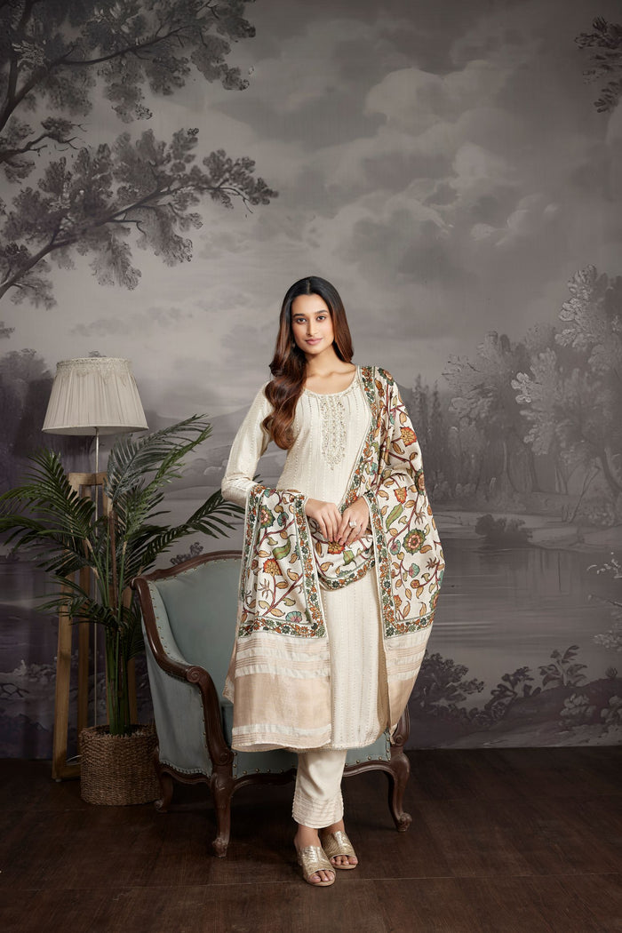 CREAM THREAD EMBROIDERED SILK SALWAR SUIT