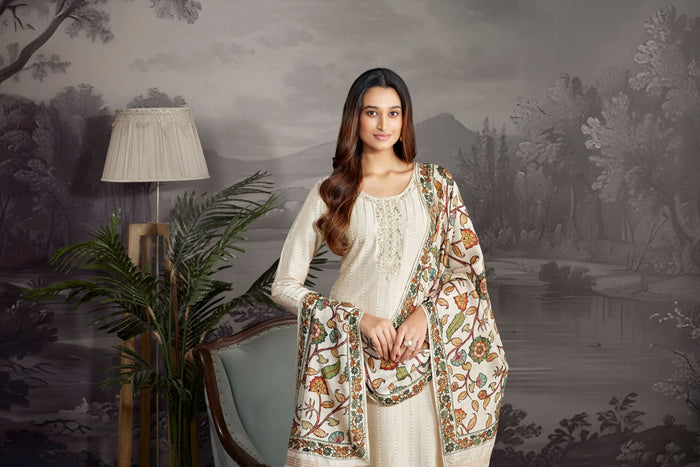 CREAM THREAD EMBROIDERED SILK SALWAR SUIT