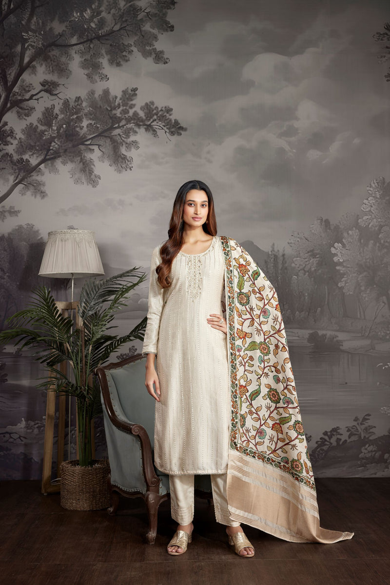 CREAM THREAD EMBROIDERED SILK SALWAR SUIT