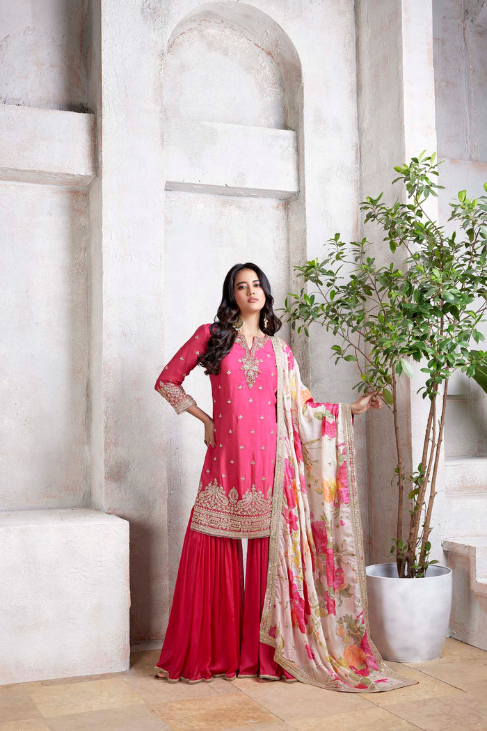 PINK CHINON EMBROIDERED SHARARA SUIT WITH FLORAL DUPATTA