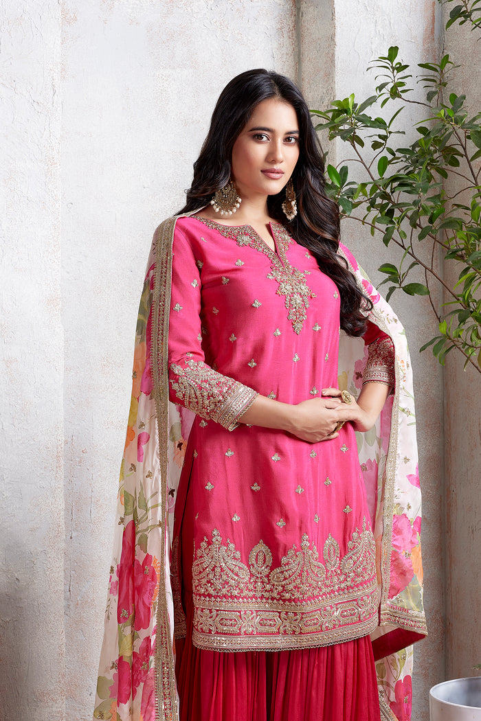 PINK CHINON EMBROIDERED SHARARA SUIT WITH FLORAL DUPATTA