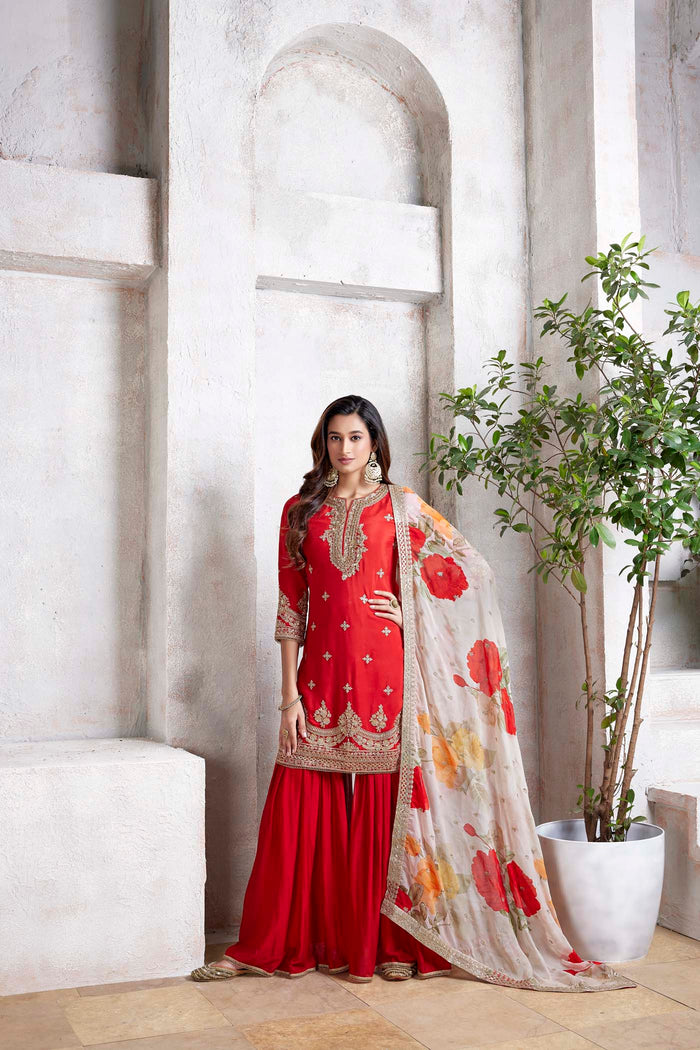 RED CHINON EMBROIDERED SHARARA SUIT