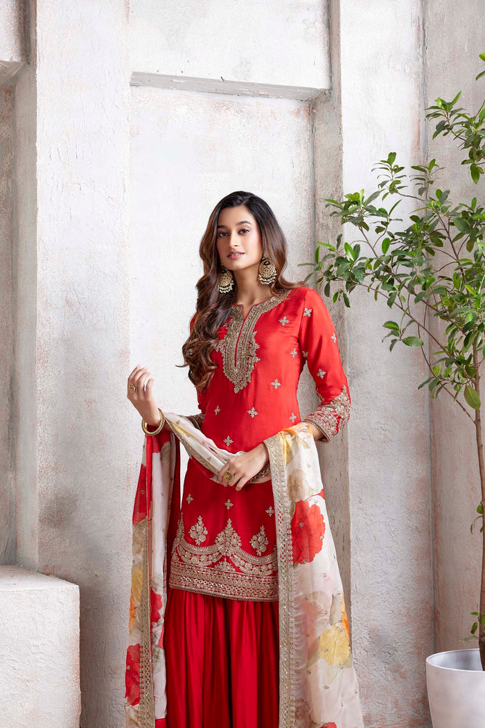 RED CHINON EMBROIDERED SHARARA SUIT