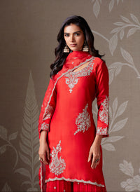 RED EMBROIDERED ORGANZA SHARARA SET WITH CONTEMPORARY NECKLINE | Nishly Fashion House