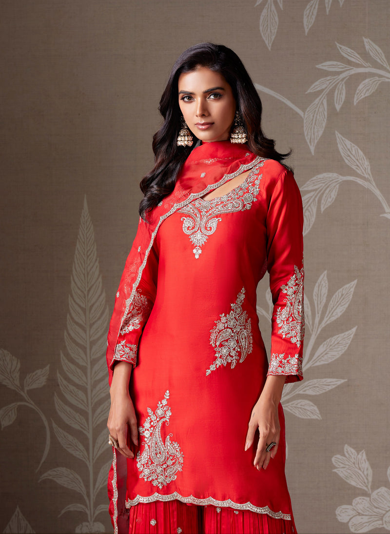 open lace back dress Rust Floral Printed Organza Sharara main image 1