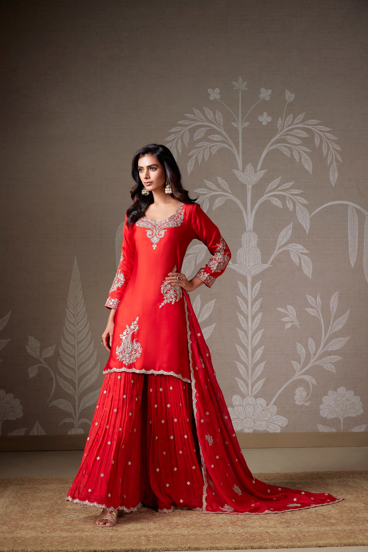 RED EMBROIDERED ORGANZA SHARARA SET WITH CONTEMPORARY NECKLINE