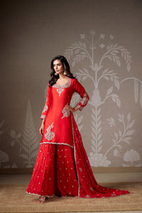 RED EMBROIDERED ORGANZA SHARARA SET WITH CONTEMPORARY NECKLINE | Nishly Fashion House