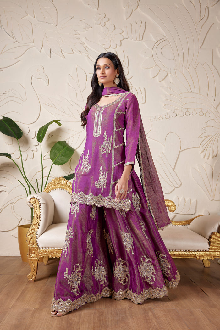 PURPLE EMBROIDERED TISSUE SHARARA SET | Nishly Fashion House