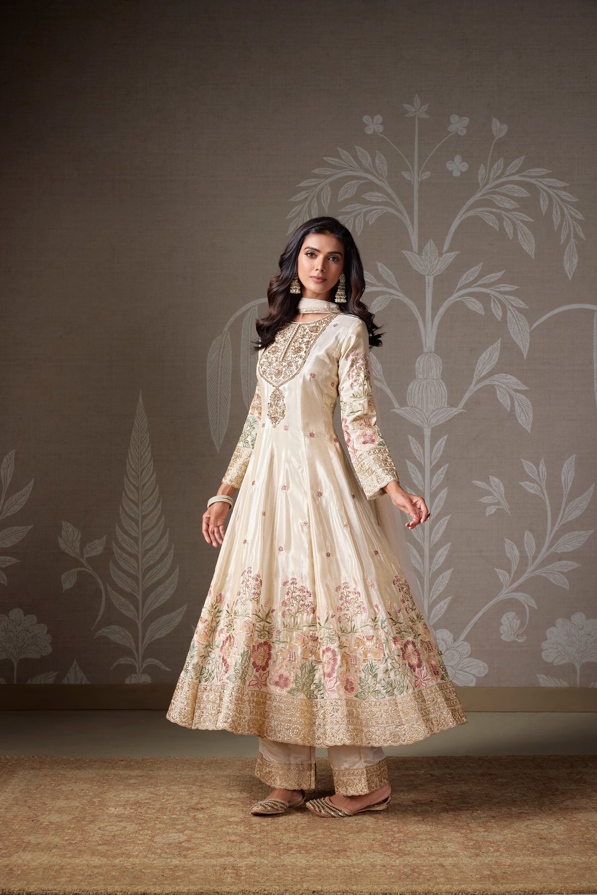 IVORY THREAD EMBROIDERED TISSUE GOWN SET | Nishly Fashion House