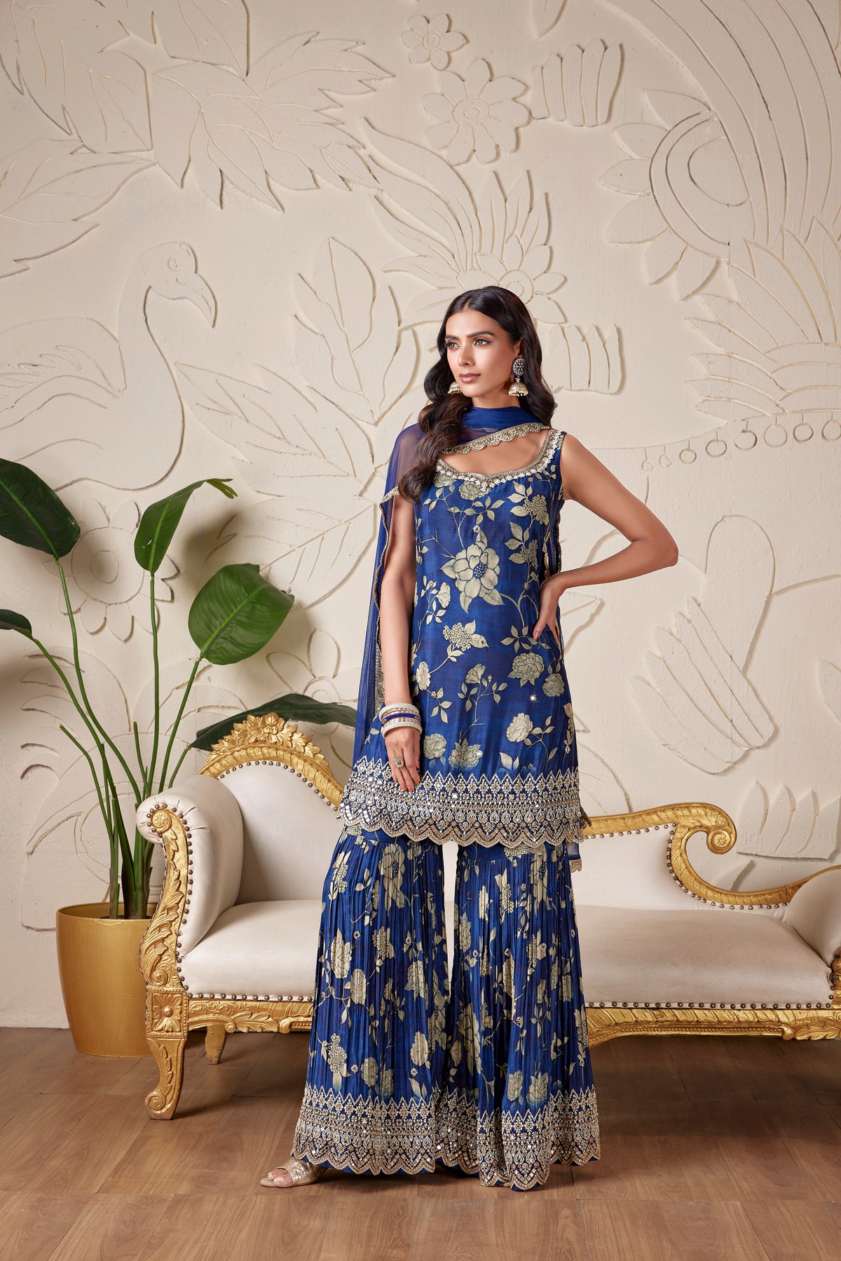 BLUE EMBROIDERED FLORAL PRINT SHARARA SET | Nishly Fashion House