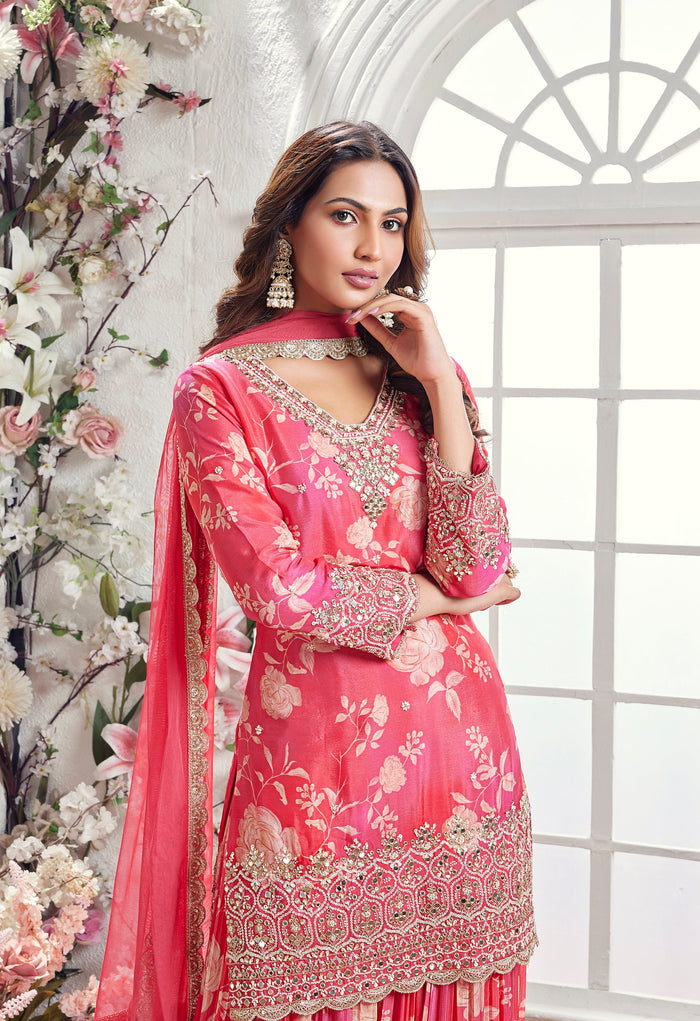 PINK FLORAL PRINT CHINON SHARARA SET | Nishly Fashion House