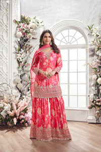PINK FLORAL PRINT CHINON SHARARA SET | Nishly Fashion House
