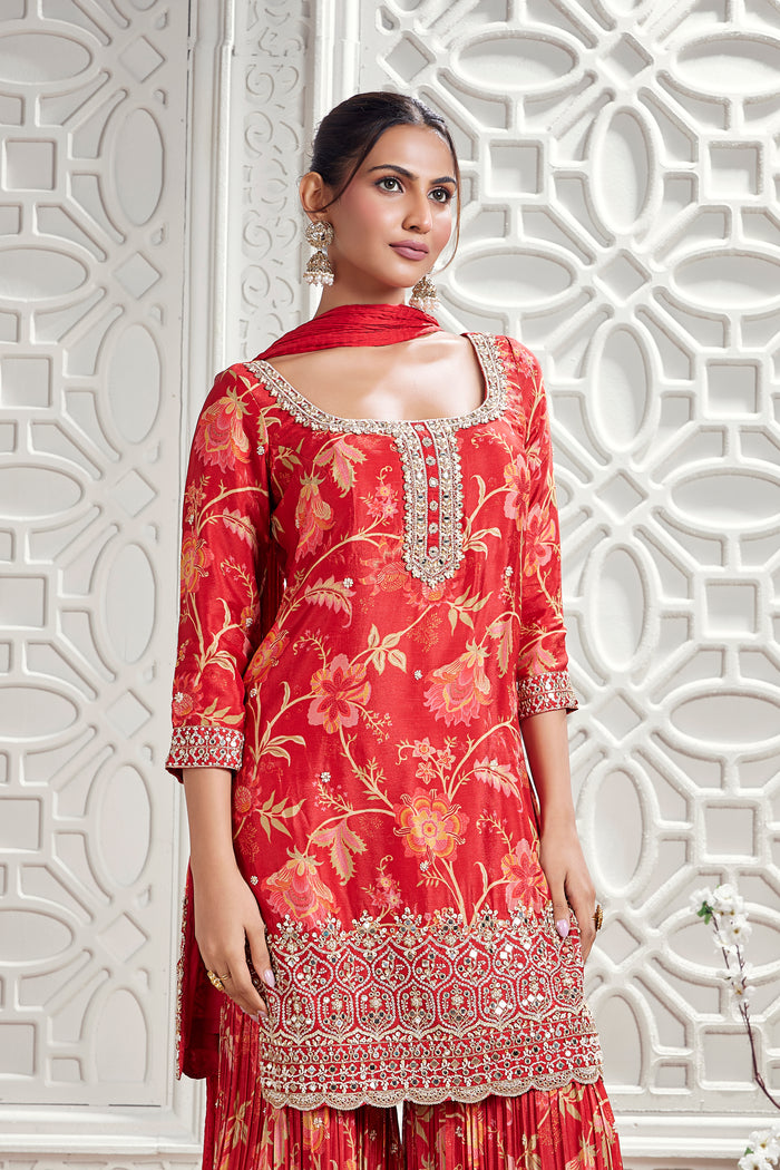 RED FLORAL PRINT CHINON SHARARA SET | Nishly Fashion House