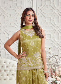 GREEN EMBROIDERED TISSUE SILK SHARARA SET | Nishly Fashion House