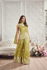 GREEN EMBROIDERED TISSUE SILK SHARARA SET | Nishly Fashion House