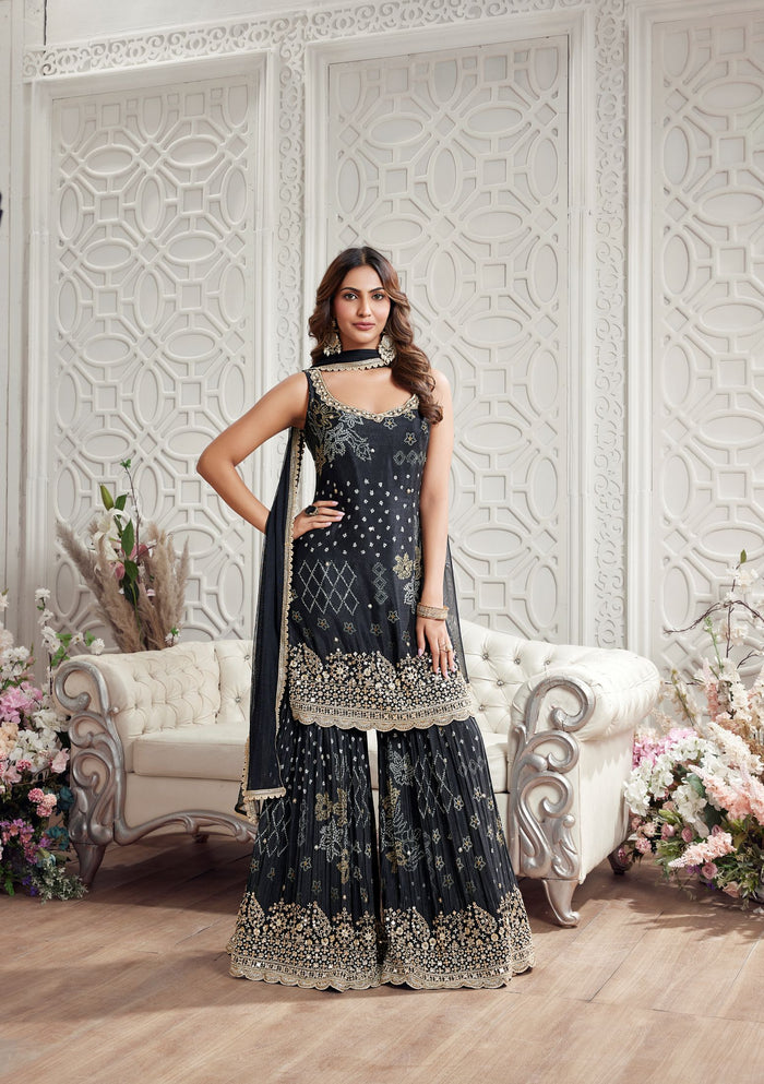 BLACK EMBROIDERED BANDHANI PRINT SHARARA SET | Nishly Fashion House