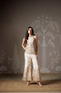 IVORY RESHAM EMBROIDERED TISSUE SILK SHARARA SET | Nishly Fashion House