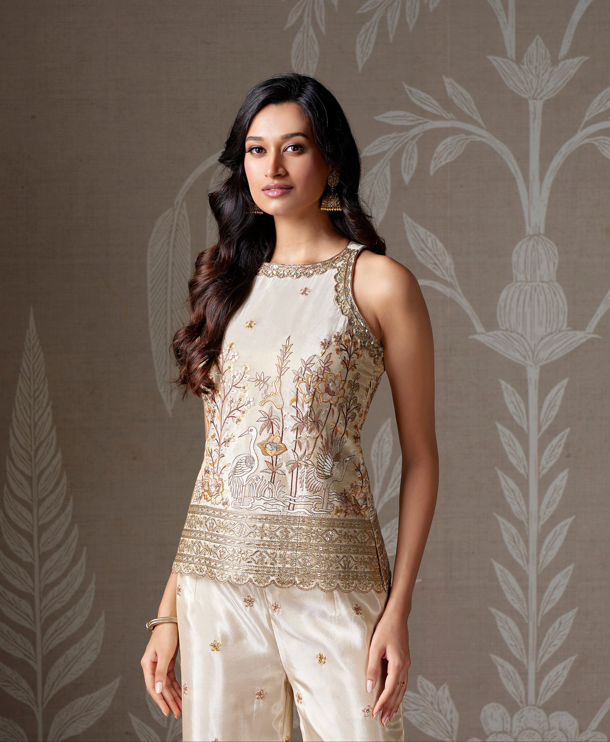 IVORY RESHAM EMBROIDERED TISSUE SILK SHARARA SET | Nishly Fashion House