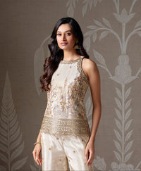 IVORY RESHAM EMBROIDERED TISSUE SILK SHARARA SET | Nishly Fashion House