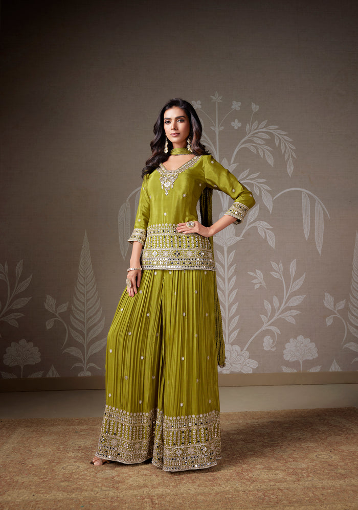 GREEN SEQUINS EMBROIDERED CHIFFON SHARARA SET | Nishly Fashion House