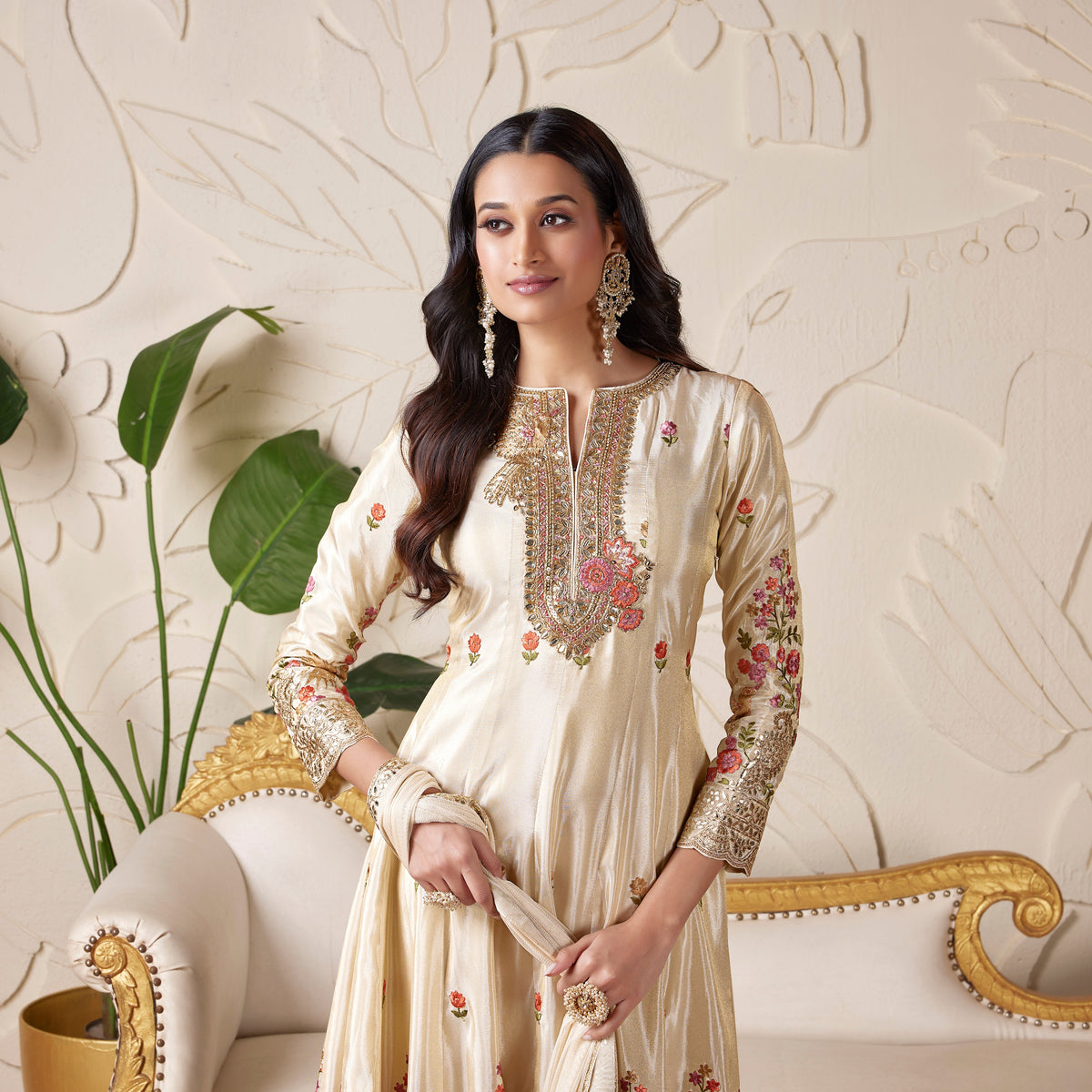 IVORY TISSUE EMBROIDERED ANARKALI SET