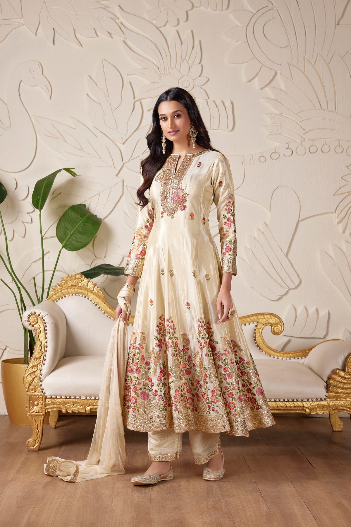 IVORY TISSUE EMBROIDERED ANARKALI SET