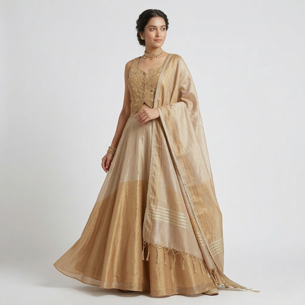 GOLD TISSUE SILK EMBROIDERED LEHENGA SET