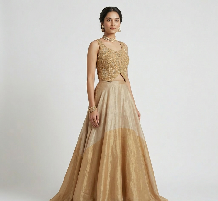 GOLD TISSUE SILK EMBROIDERED LEHENGA SET