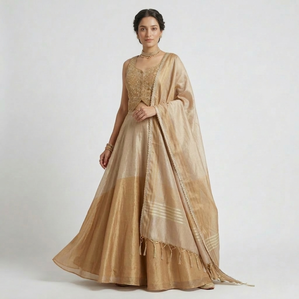 GOLD TISSUE SILK EMBROIDERED LEHENGA SET
