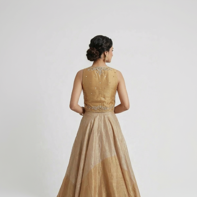 GOLD TISSUE SILK EMBROIDERED LEHENGA SET