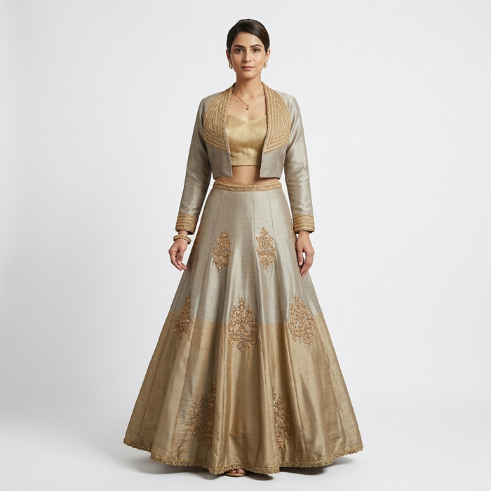 METALLIC GOLD TISSUE SILK BLAZER LEHENGA SET