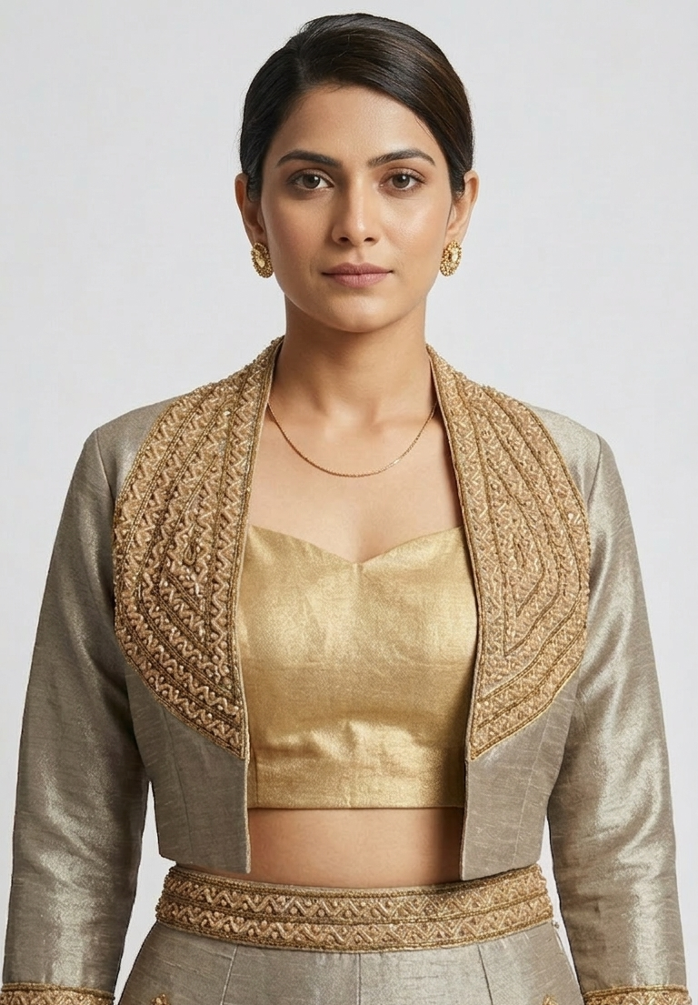 METALLIC GOLD TISSUE SILK BLAZER LEHENGA SET