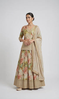CREAM LONG TOP TISSUE EMBROIDERED LEHENGA SET