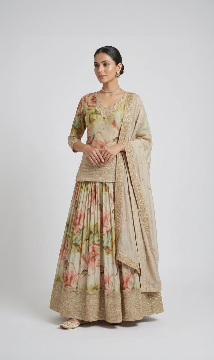 CREAM LONG TOP TISSUE EMBROIDERED LEHENGA SET