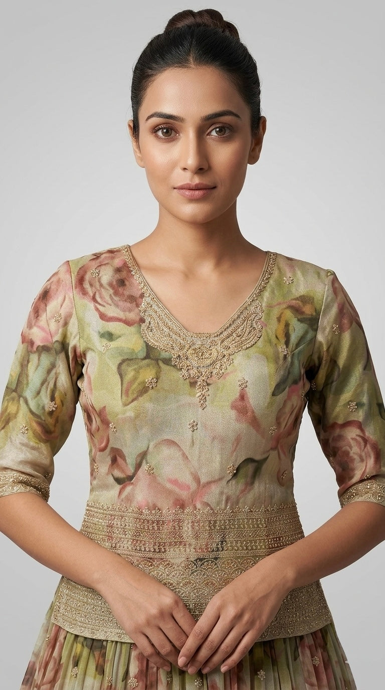 CREAM LONG TOP TISSUE EMBROIDERED LEHENGA SET