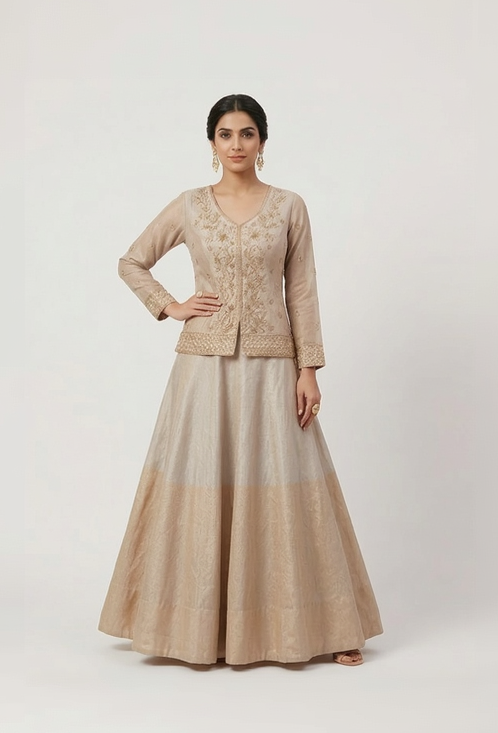 BROWN TISSUE ZARDOSI EMBROIDERED LEHENGA SET