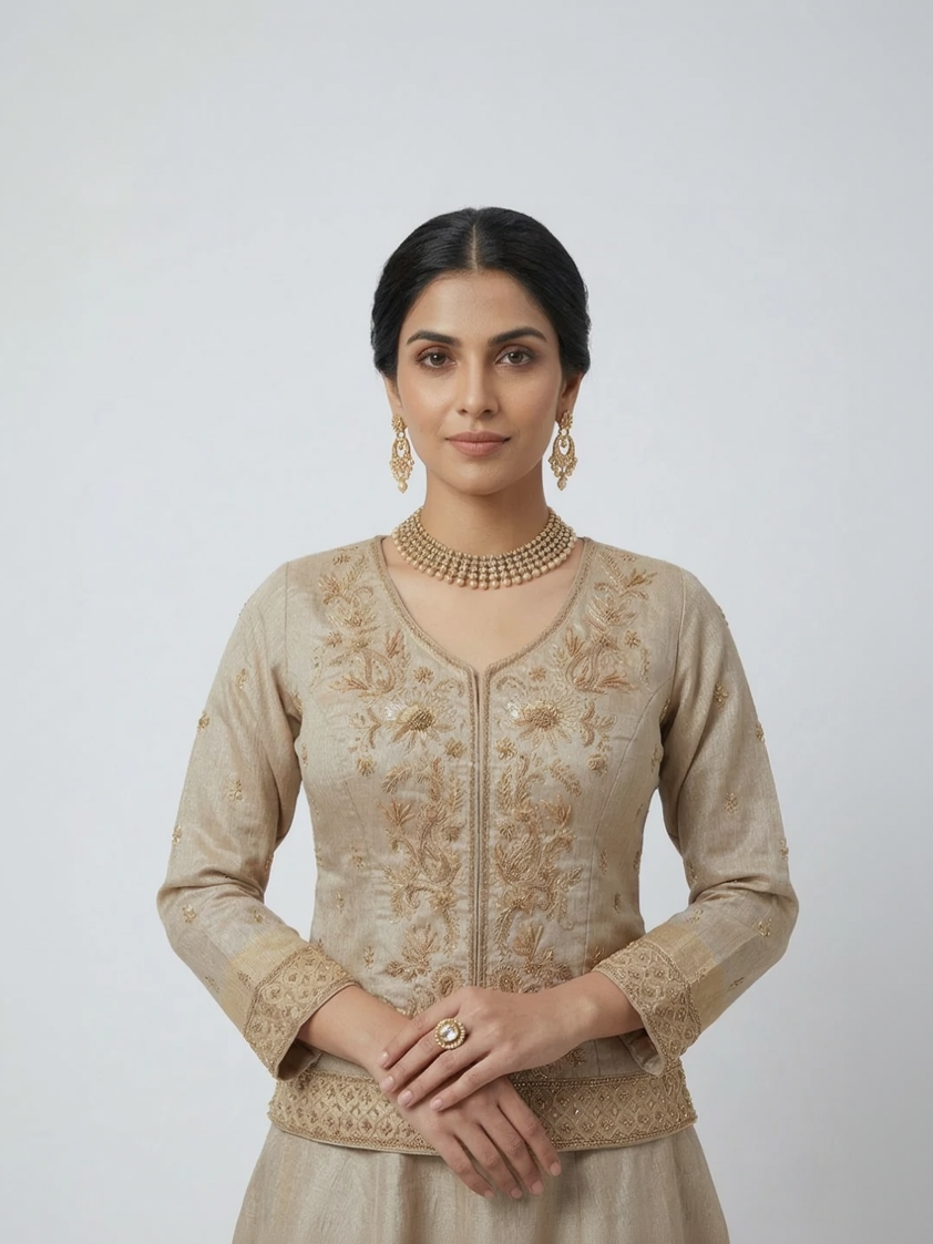 BROWN TISSUE ZARDOSI EMBROIDERED LEHENGA SET