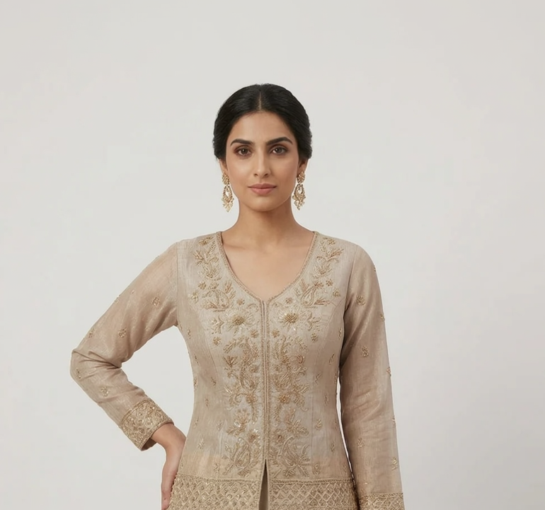 BROWN TISSUE ZARDOSI EMBROIDERED LEHENGA SET