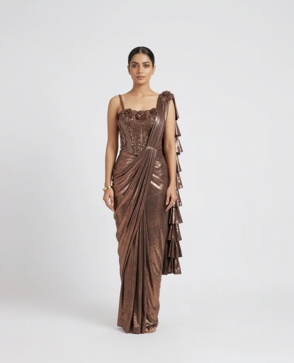 GOLD SHIMMER CORSET PRE DRAPED SAREE