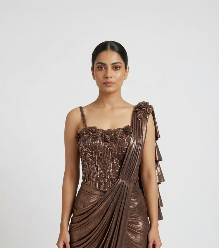 GOLD SHIMMER CORSET PRE DRAPED SAREE