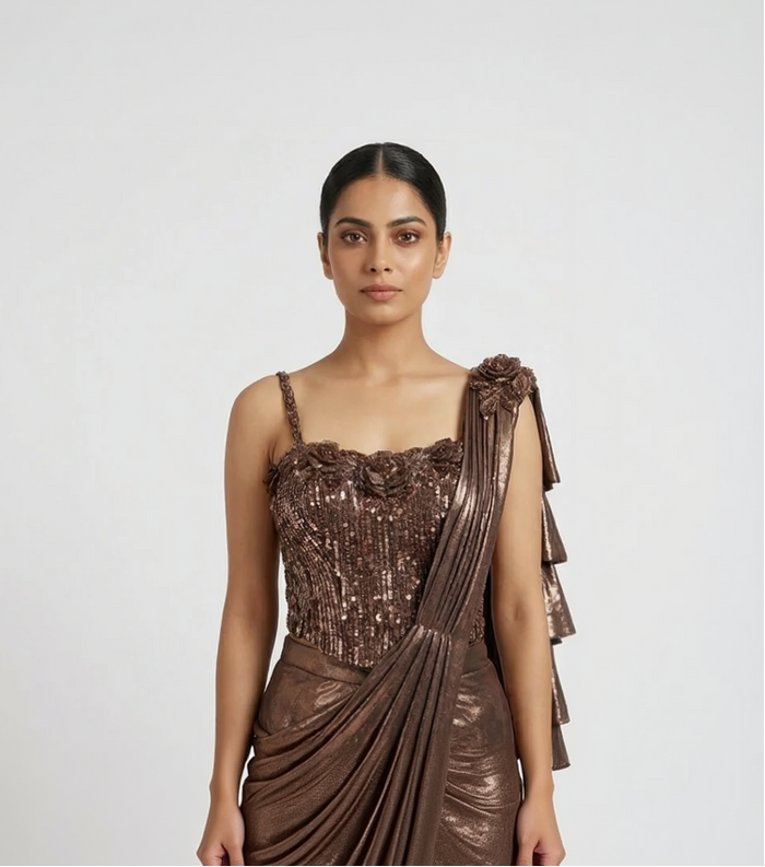 GOLD SHIMMER CORSET PRE DRAPED SAREE